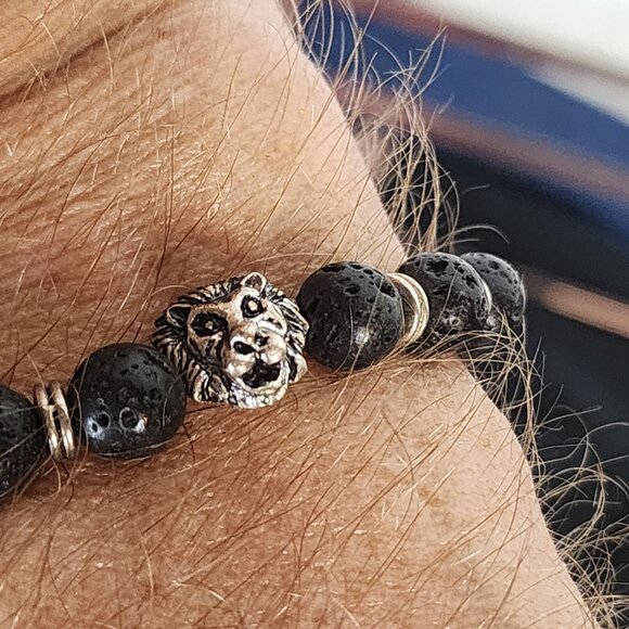 Leo Silver Plated Lion Head and Black Lava Stone Beaded Stretch Bracelet OSFM - Picture 15 of 16